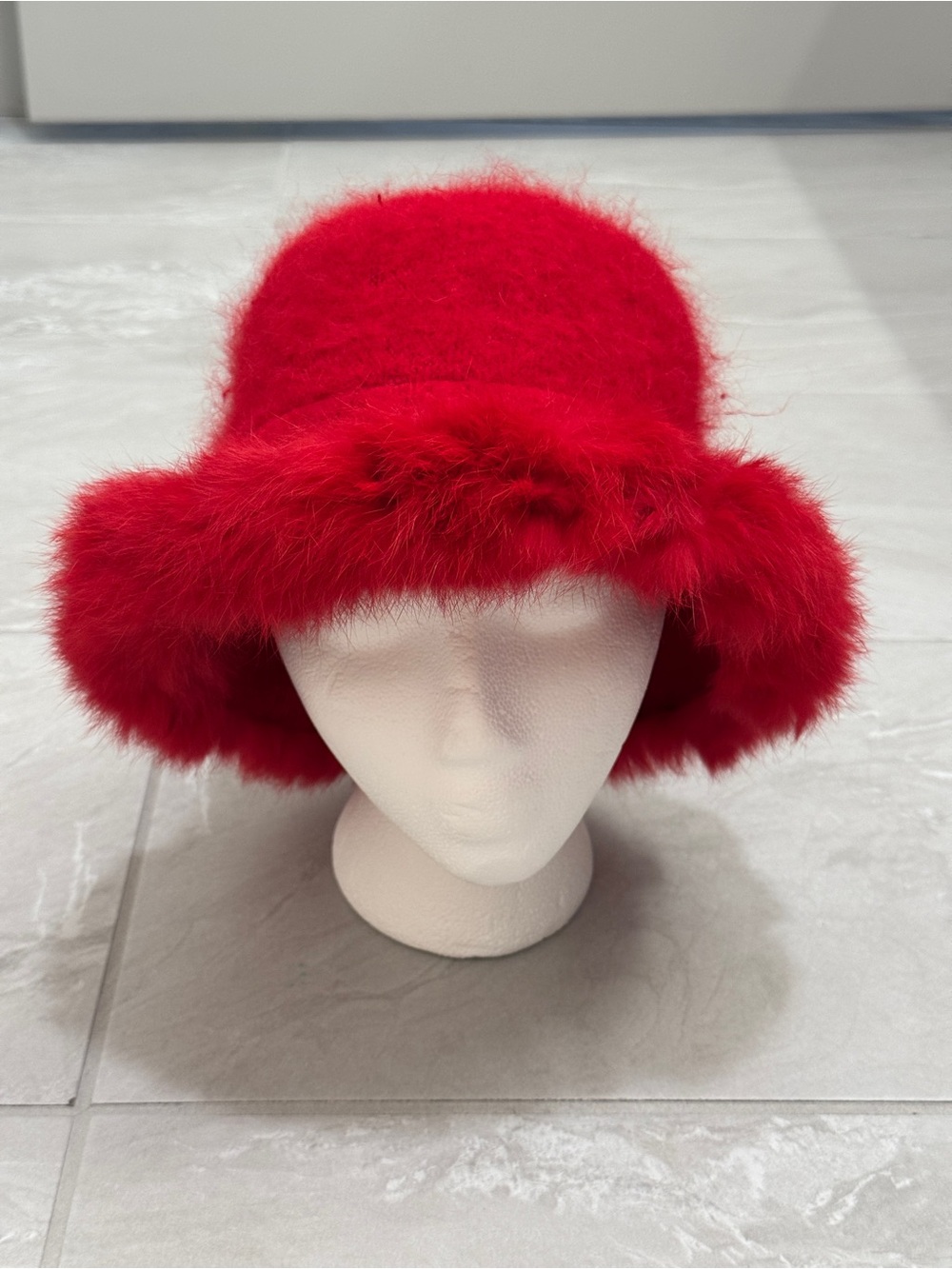 VTG 90s Red Fuzzy Angora Bucket Hat Rave Festival Y2K